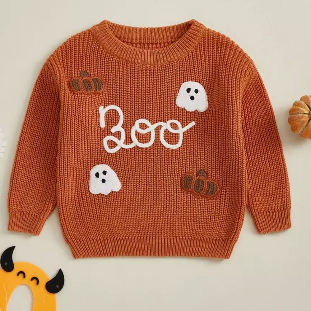 Dreamline Organics Brick Orange Halloween Sweater with Ghosts and Pumpkins